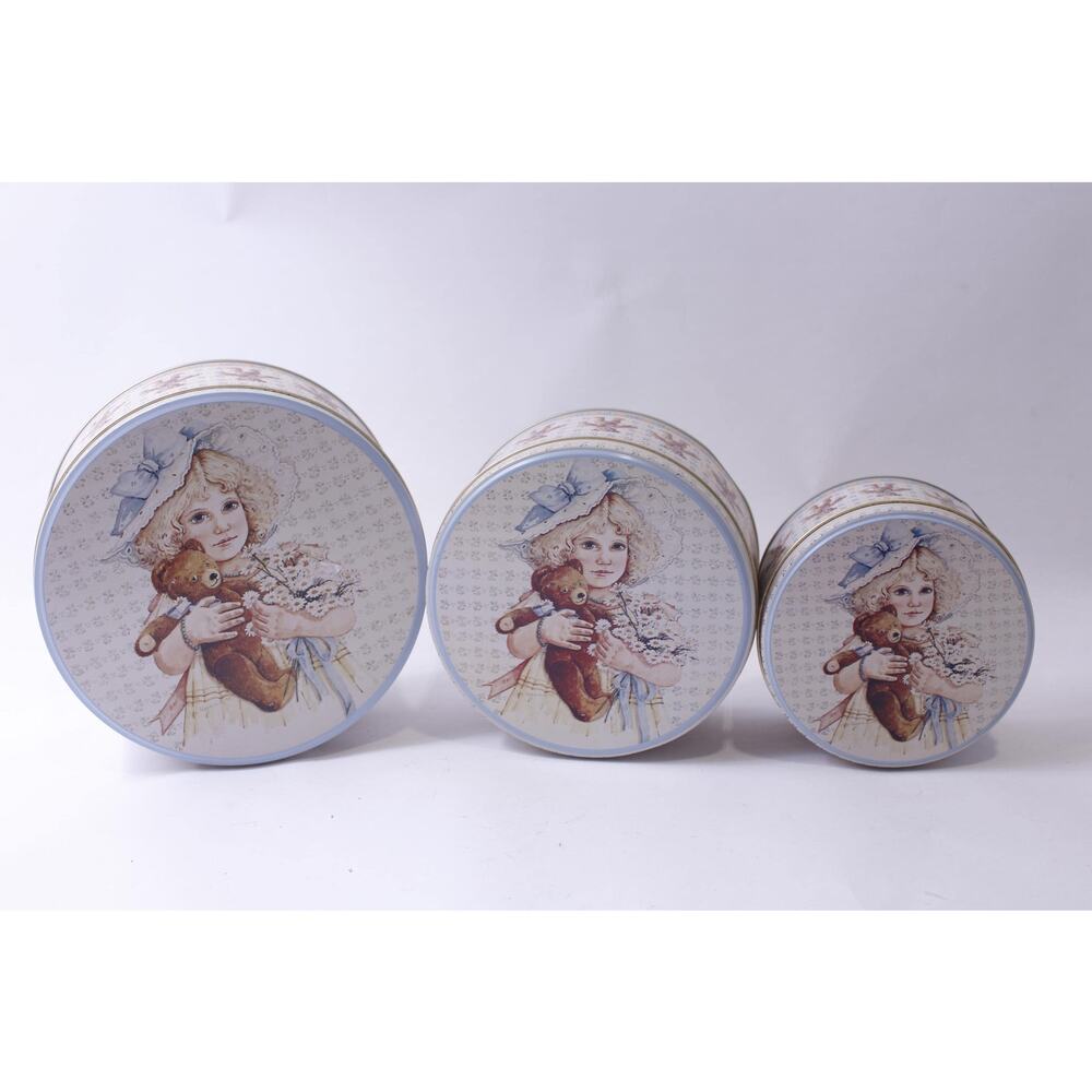 Meg by Jan Hagara, Stacking Tin Boxes, Set of 3, Little Girl with Teddy Bear,
